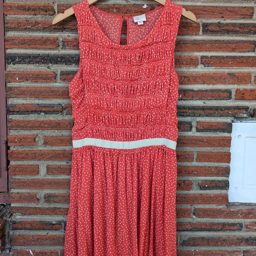 NWOT Anthropologie Postmark coral ruched polka-dot sleeveless midi dress